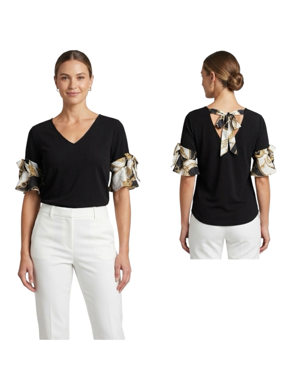 Y2K Vintage Black Flutter Sleeve Ribbon Tie Top Blouse Black Gold Size Large 90s